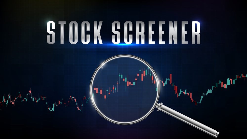 How to use stock screener to find stocks: abstract background of stock market screener with magnifying glass and indicator technical analysis graph