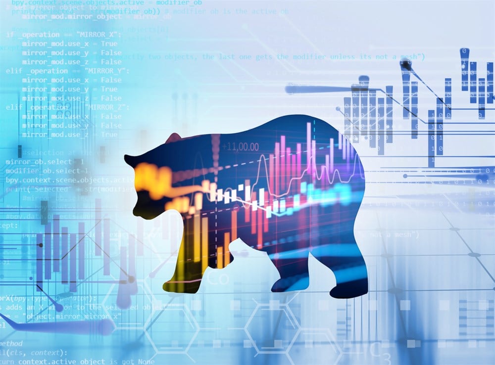 Silhouette of bear on a stock market page; learn more about the best stocks to buy in a bear market